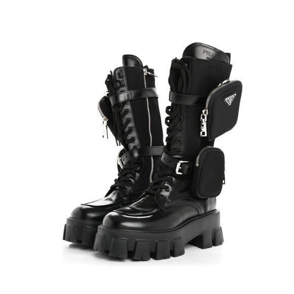 NWT Prada Monolith Combat Tall Boots Black Leather & Nylon Lace Up - Picture 2 of 10